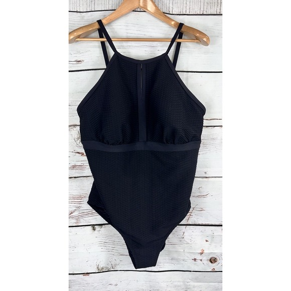 Lands' End One‎ Piece Swimsuit Size 18 Black Textured Keyhole High Neck Cups - Picture 1 of 6